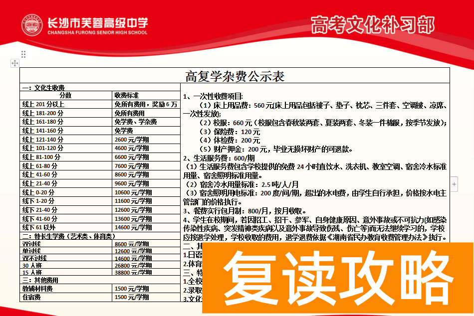 长沙复读学校：长沙芙蓉高级中学复读部